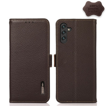 Кожаный чехол-книжка KHAZNEH Genuine Leather RFID для Samsung Galaxy A13 5G - коричневый