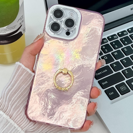 Противоударный чехол Plating Glitter Texture Ring Holder для iPhone 16 Pro - Pink Tinfoil Texture