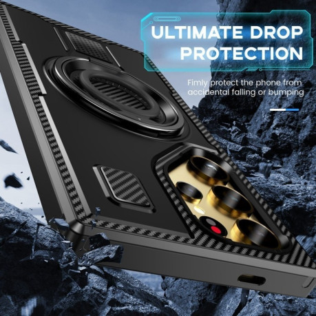 Противоударный чехол Ring Holder Carbon Fiber PC Hybrid TPU для Samsung Galaxy S25 Ultra 5G - черный