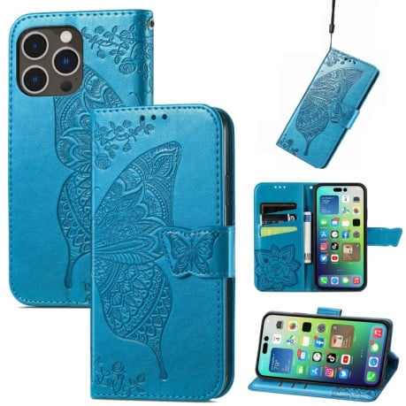 Чехол-книжка Butterfly Love Flower Embossed для iPhone 15 Pro - синий