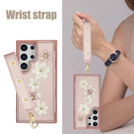 Чехол Crossbody Flower Pattern Leather на Samsung Galaxy S25 Ultra 5G - розовое золото