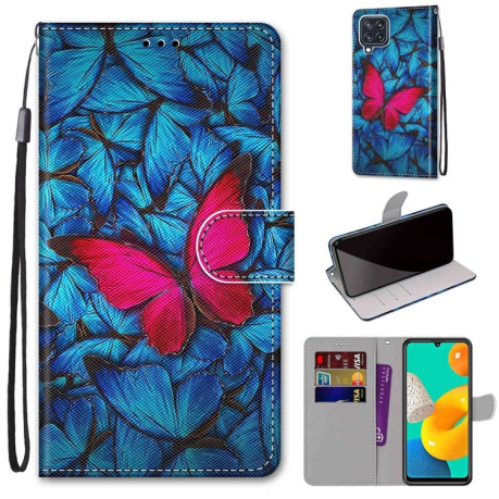 Чехол-книжка Coloured Drawing Cross для Samsung Galaxy M32/A22 4G 4G - Blue Red Butterfly