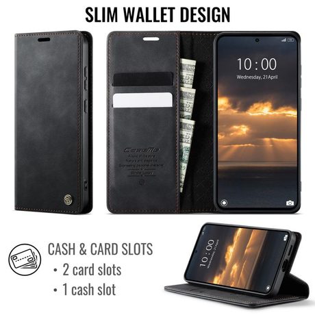 Чехол-книжка CaseMe 033 с фактурой Calf и защитой от сканирования RFID на Xiaomi 17T 5G — чёрный