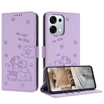 Чехол-книжка Embossed Kitten Phone Leather на OPPO F31 5G / A6 Pro 5G - винно-красный — фиолетовый