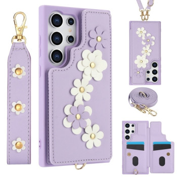 Чохол Crossbody Flower Pattern Leather  для Samsung Galaxy S25 Ultra 5G - фіолетовий
