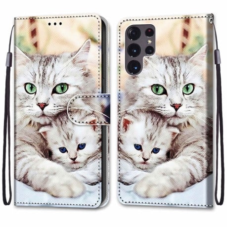 Чехол-книжка Coloured Drawing Cross для Samsung Galaxy S22 Ultra 5G - Big Cat Hugging Kitten