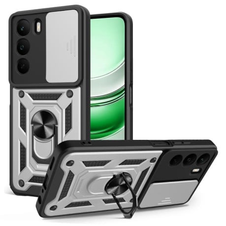Чехол со шторкой на камеры Sliding Camshield и кармашком для карт на Realme C71 4G - серебристый