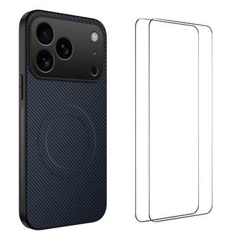Магнитный чехол Wanlonfeng TQ1 с карбоновой текстурой и 2 плёнками на iPhone 18 Pro Max — сапфировый
