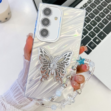 Противоударный чехол Plating Glitter Lens Film Texture Butterfly Holder Wristband для Samsung Galaxy S25 5G - White Water Ripples