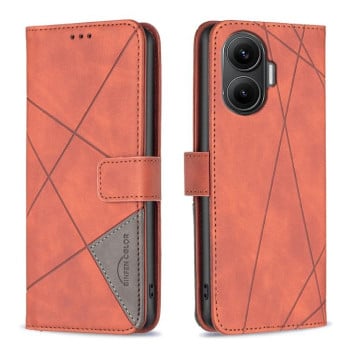 Чохол-книжка з фактурою Rhombus та магнітним хлястиком на Xiaomi Poco F7 5G - коричневий