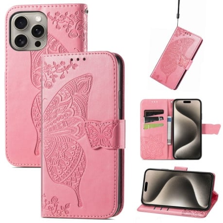 Чохол-книжка Butterfly Love Flower Embossed для iPhone 16 Pro Max - рожевий