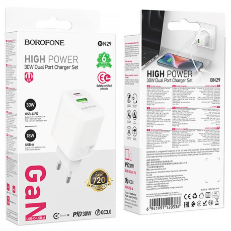 Быстрая Зарядка Borofone BN29 Fuente PD30W+QC3.0 (1USB-A/1C) - белая
