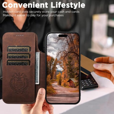 Чехол-книжка Suteni J06 с фактурой Retro Matte Litchi с MagSafe на iPhone 17 - коричневый