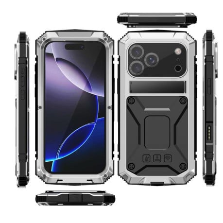 Протиударний чохол R-JUST Metal + Silicone + Tempered Glass Life Waterproof на iPhone 17 Pro - сріблястий