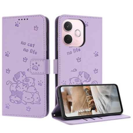 Чохол-книжка Embossed Kitten Phone Leather для OPPO A5 Pro 5G Global - фіолетовий