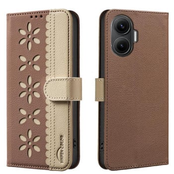 Чехол-книжка Splicing Color Hollow Flower Pattern RFID для Xiaomi Poco F7 5G - коричневий