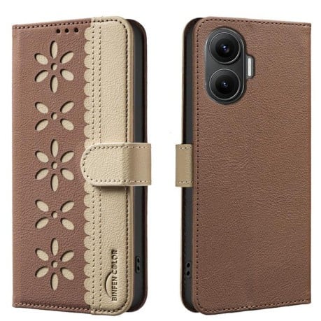 Чехол-книжка Splicing Color Hollow Flower Pattern RFID для Xiaomi Poco F7 5G - коричневый