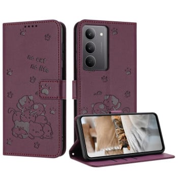 Чехол-книжка Embossed Kitten Phone Leather на Realme C75 / V60 Pro - винно-красный