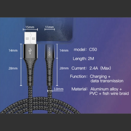 Зарядный кабельYesido CA50 2.4A USB to USB-C / Type-C Charging Cable, Length: 2m - черное