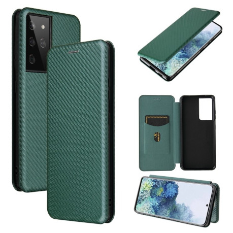 Чехол-книжка Carbon Fiber Texture на Samsung Galaxy S21 Ultra - зеленый
