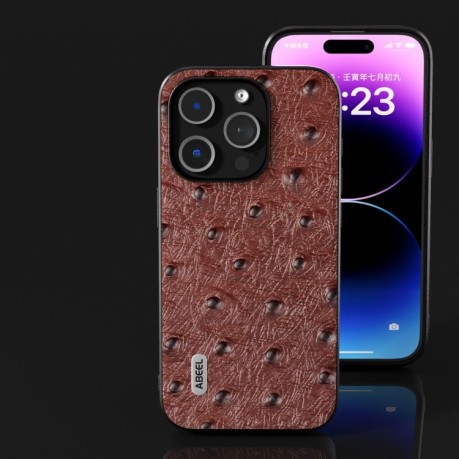 Кожаный чехол ABEEL Genuine Leather Ostrich Texture для iPhone 15 Pro - кофейный
