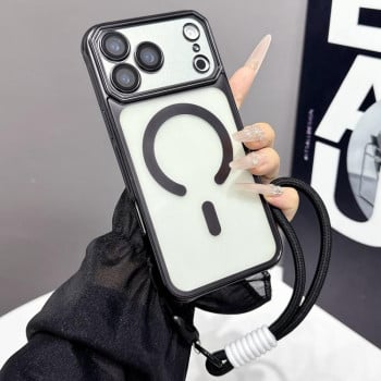 Матовый чехол Large Window Matte Electroplated TPU с MagSafe и ремешком для iPhone 17 Pro Max — чёрный