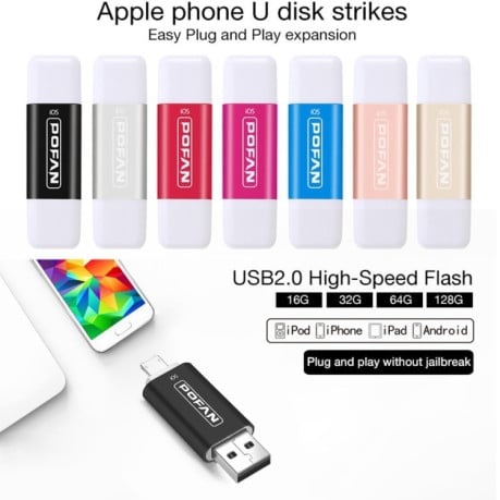 Флешка на 32GB для iPhone, iPad, USB, Micro USB POFAN F02 с отпечатком пальца Черная