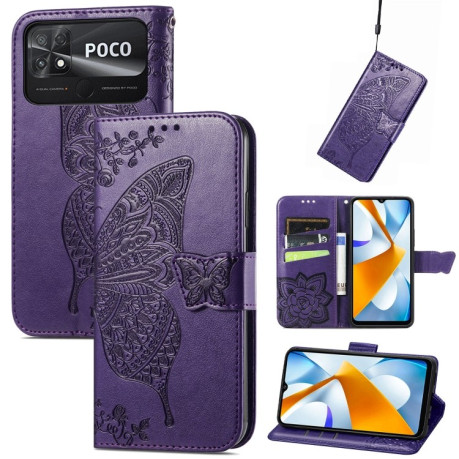 Чехол-книжка Butterfly Love Flower Embossed на Xiaomi Poco C40/Redmi 10c - темно-фиолетовый