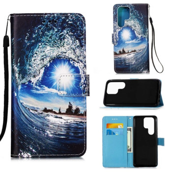 Чехол-книжка Colored Drawing Pattern для Samsung Galaxy S22 Ultra 5G - Ocean Waves and Sun