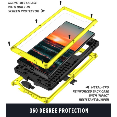 Противоударный металлический влагозащитный чехол R-JUST Dustproof на Samsung Galaxy S22 Ultra 5G  - желтый
