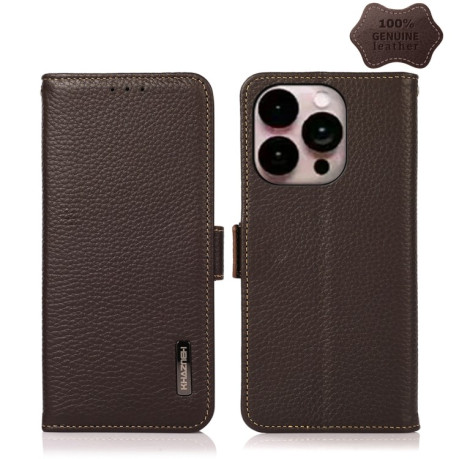 Кожаный чехол-книжка KHAZNEH Genuine Leather RFID для iPhone 14 Pro Max  - коричневый