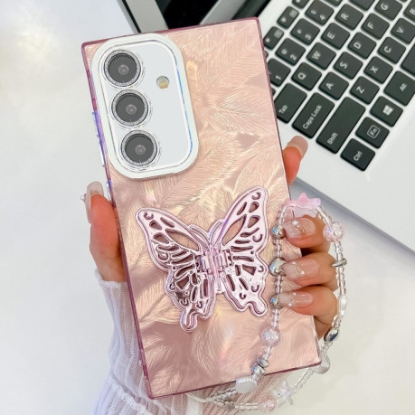 Противоударный чехол Plating Glitter Lens Film Texture Butterfly Holder Wristband для Samsung Galaxy A36 5G - Pink Feathers