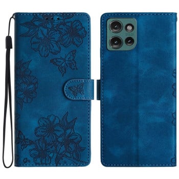 Чехол-книжка Cherry Blossom Butterfly Skin Feel Embossed на Motorola Edge 50 5G - синий