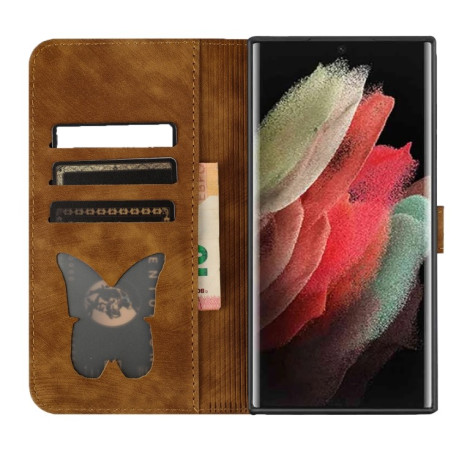 Чехол-книжка Cat Embossing Pattern на Samsung Galaxy S25 Ultra 5G - коричневый