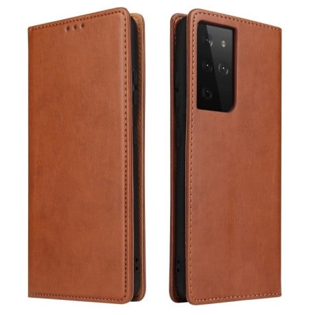 Кожаный чехол-книжка Fierre Shann Genuine leather на Samsung Galaxy S21 Ultra - коричневый