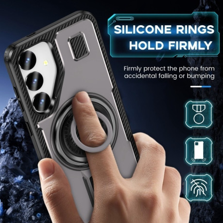 Противоударный чехол Ring Holder Carbon Fiber PC Hybrid TPU для Samsung Galaxy S24 FE 5G - серый