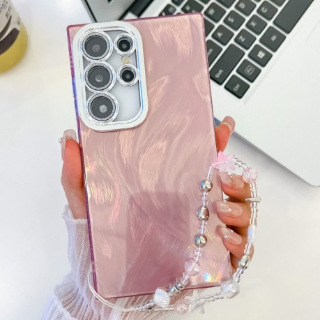 Протиударний чохол Plating Glitter Texture Chain  для Samsung Galaxy S25 Ultra 5G - Pink Feather Yarn