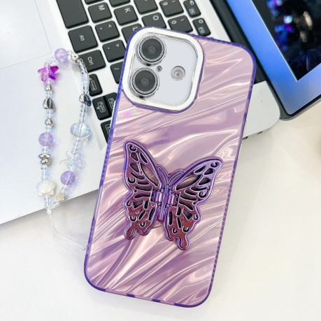 Противоударный чехол Plating Glitter Lens Film Texture Butterfly Holder Wristband для iPhone 16 - Purple Water Ripples