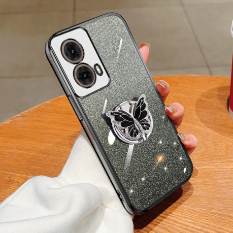 Противоударный чехол Plated Gradient Glitter Butterfly Holder для Motorola Moto G85 - черный