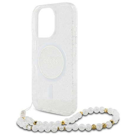 Оригинальный чехол Guess IML Glitter With Pearl Strap MagSafe для iPhone 16 Pro Max - Clear