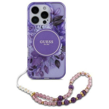 Оригінальний чохол Guess IML Flowers With Pearl Strap MagSafe для iPhone 16 Pro Max - purple