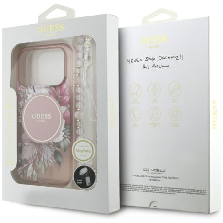 Оригінальний чохол Guess IML Flowers Pearl Strap з MagSafe на iPhone 17 Pro - Pink