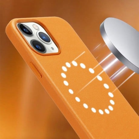 Кожаный противоударный чехол R-JUST Cowhide (Magsafe) для iPhone 13 Pro - желтый