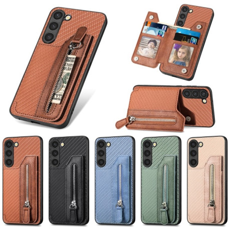 Противоударный чехол Carbon Ffiber Flip Zipper Wallet для Samsung Galaxy S23+Plus 5G - черный