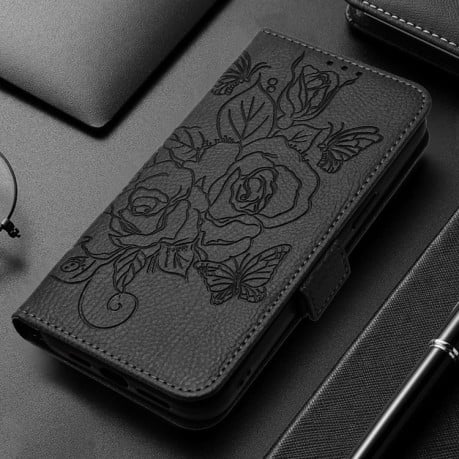 Чехол-книжка Embossed Rose RFID Anti-theft Leather для Realme GT 6T 5G Global - черный