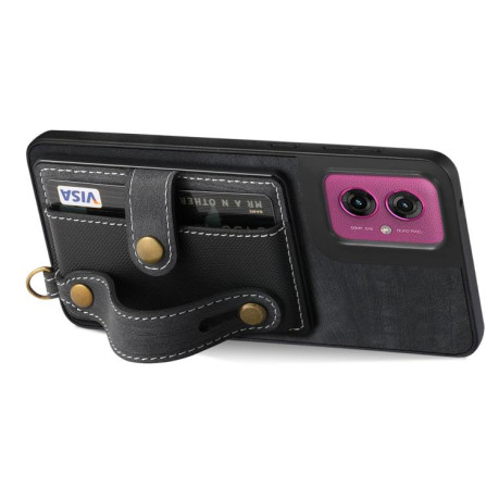 Противоударный чехол Retro Cross Wristband Wallet Leather для Motorola Moto G55 - черный