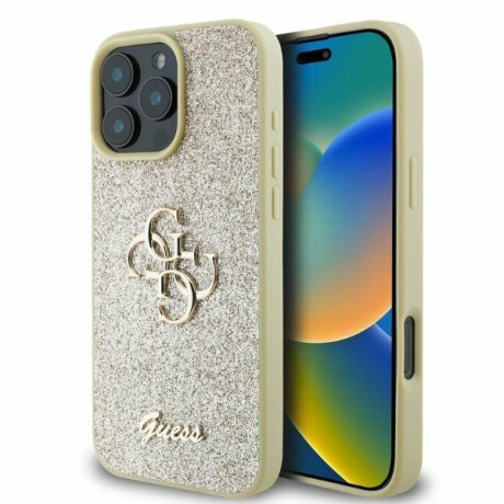 Оригинальный чехол Guess Big Metal Logo Fixed Glitter для iPhone 16 Pro Max - gold