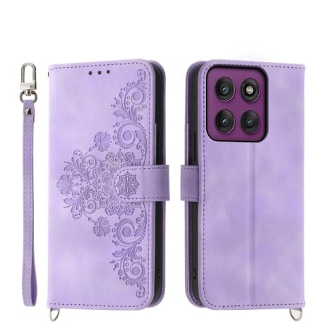 Чехол-книжка Skin-feel Flowers Embossed для Motorola Edge 60 Pro - фиолетовый