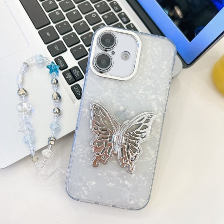 Протиударний чохол Plating Glitter Lens Film Texture Butterfly Holder Wristband для iPhone 16 - White Shell Pattern