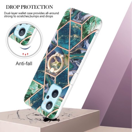 Противоударный чехол Electroplating Marble with Ring Holder для Realme 9i/OPPO A76/A96 - Blue Green